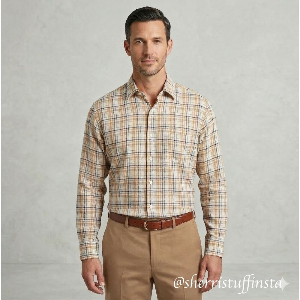 Hickey Freeman Beige Plaid Long Sleeve Linen Button-Down Shirt Made in Italy L